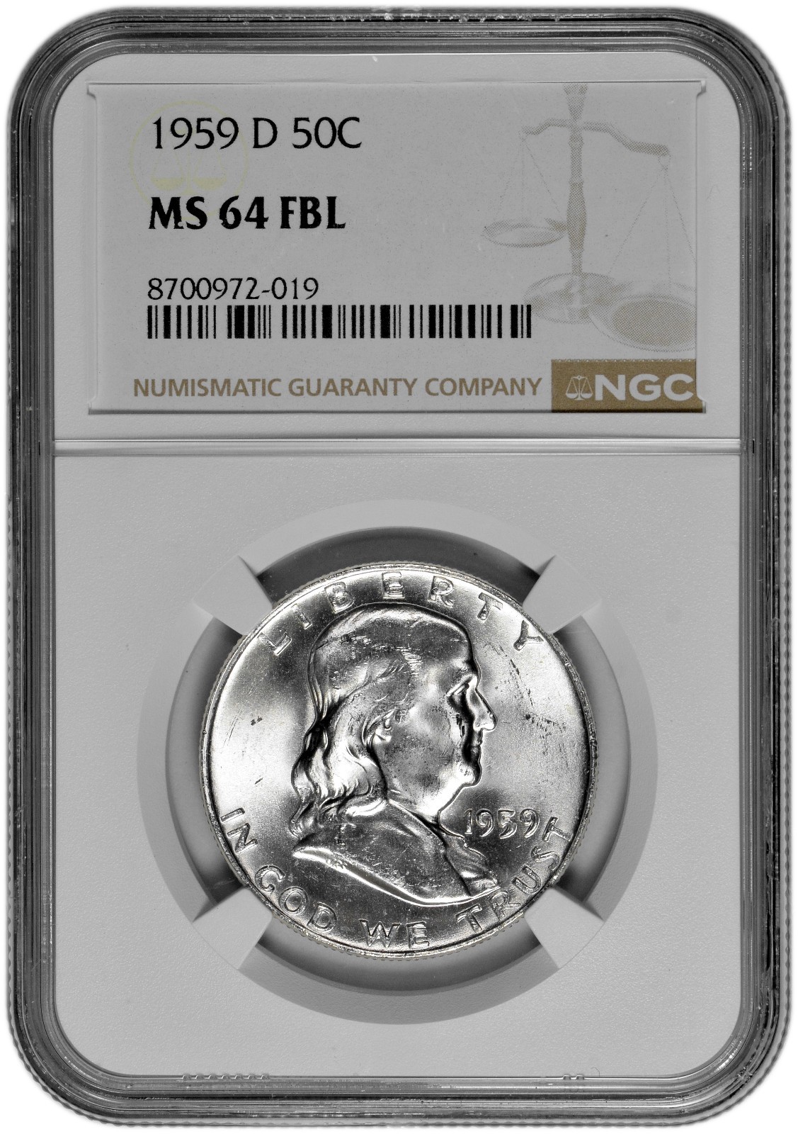 1959 D 50C Silver Franklin Half Dollar NGC Graded MS 64 FBL