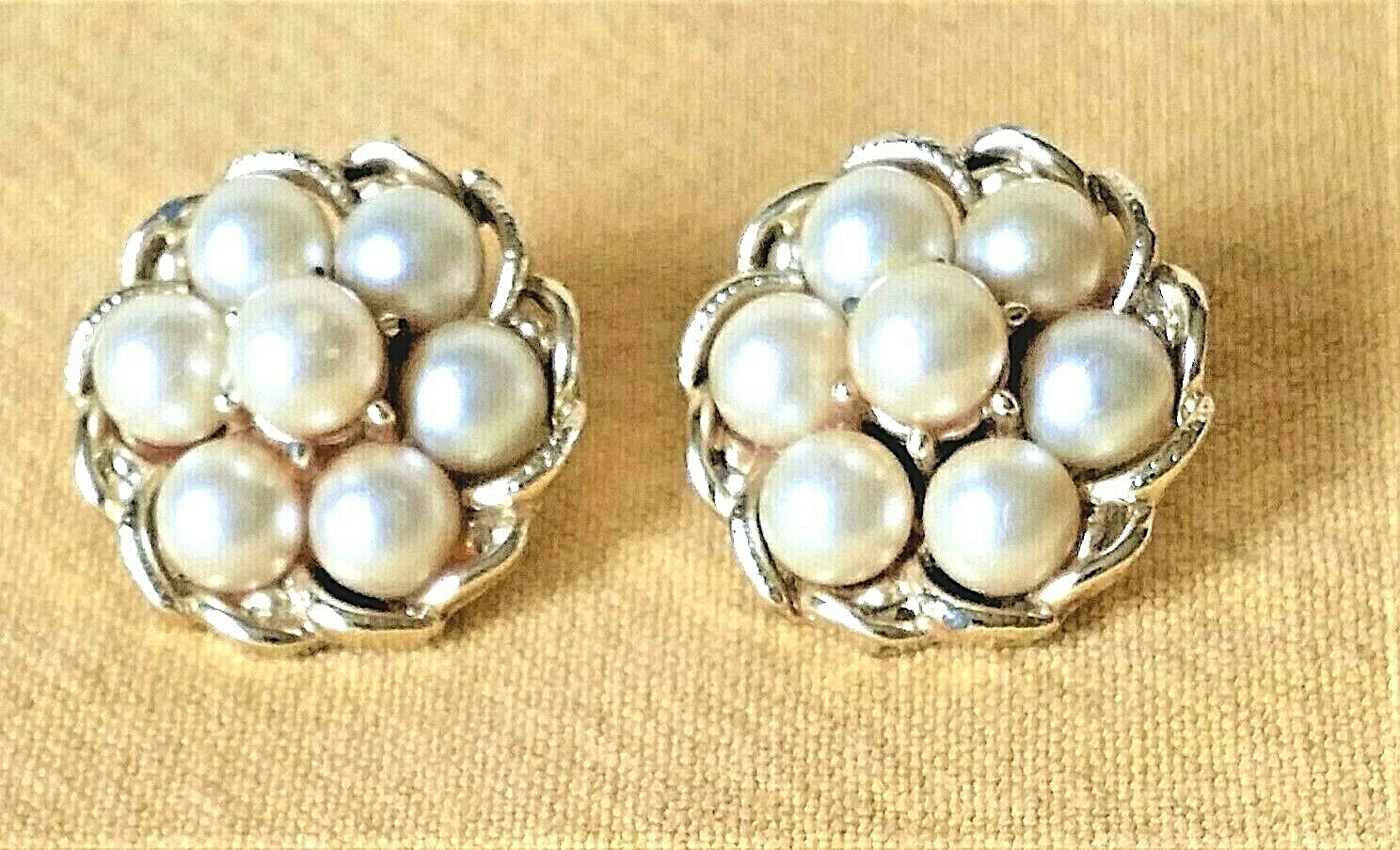 Vintage Coro Clip Earrings-Faux Pearl-Gold Tone-1" x 1"- Very Nice Condition