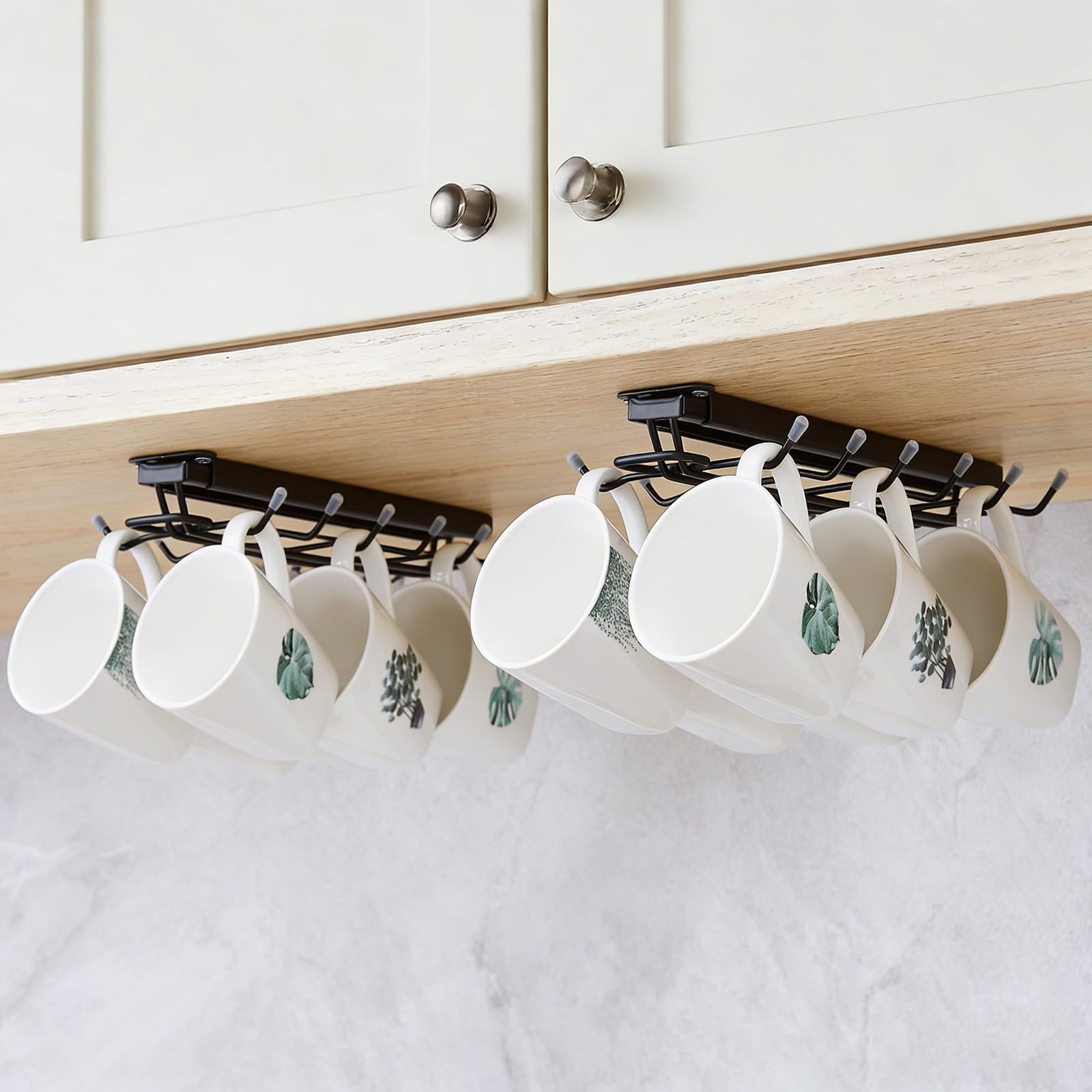 Sliding Mug Hooks Under Cabinet - Pull Out Coffee Cup Holder Rack with 12 Hoo...