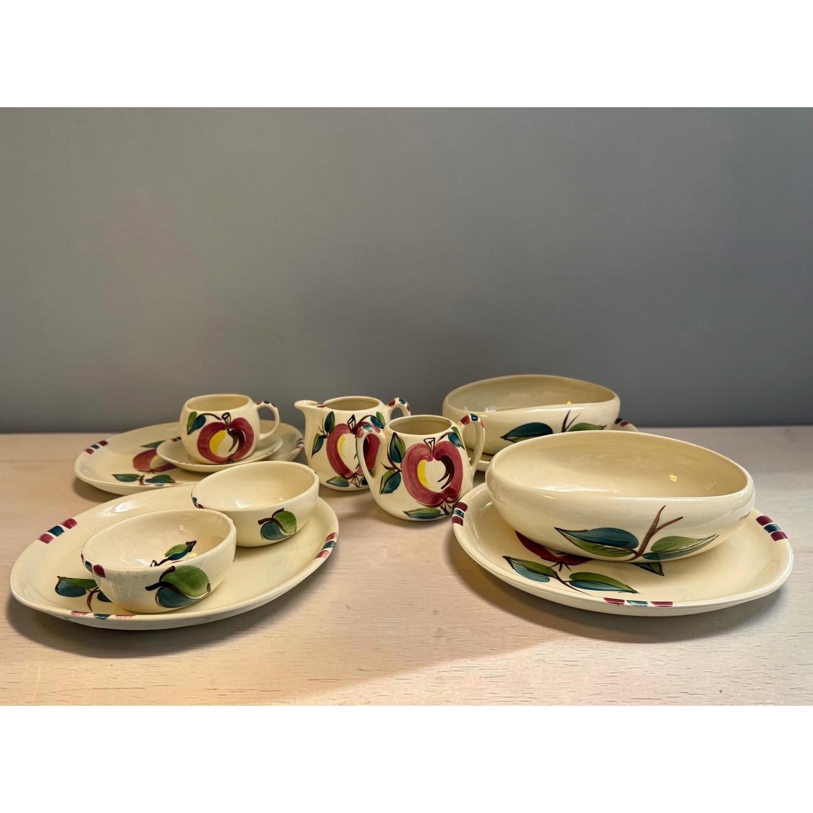 Vintage Puritan Slip Ware Apple Pattern Mixed Lot 12 Pieces Hand Painted Pottery
