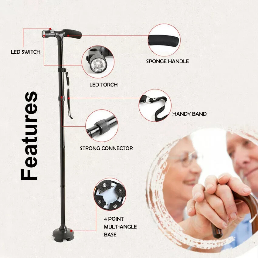 New Folding Walking Cane with LED Light, Adjustable Walking Stick with Carrying