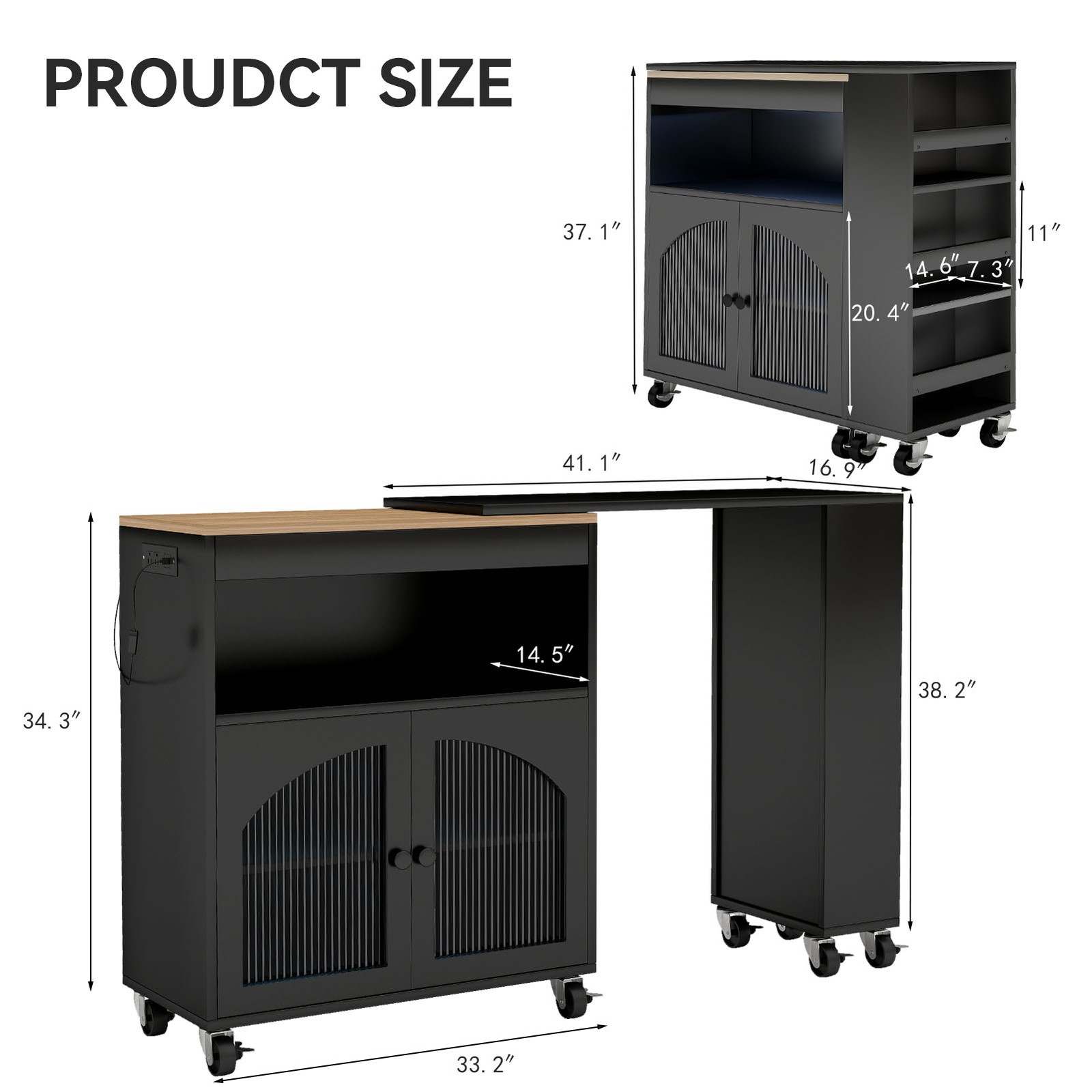 Rolling Kitchen Island Table With LED Light Power Outlets For Kitchen SSNI