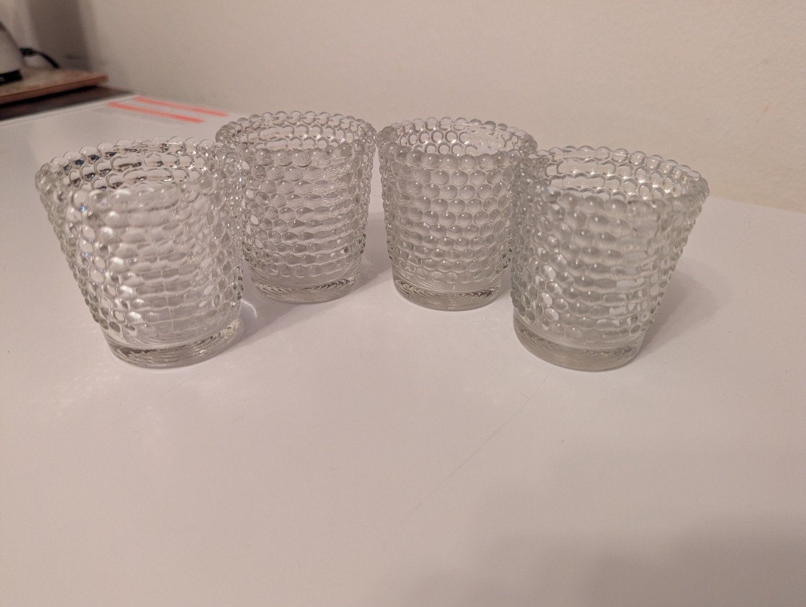 4 Clear Glass Bubbly Tea Light Candle Holders Shot Glasses