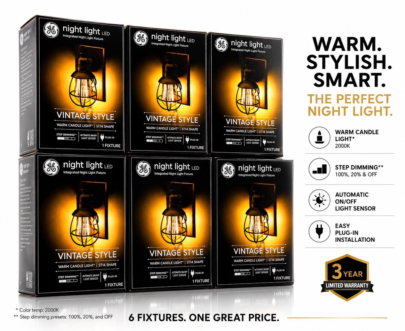 GE Vintage Style LED Night Light Plug-In 6pc Lot Warm Candle Light Auto Sensor