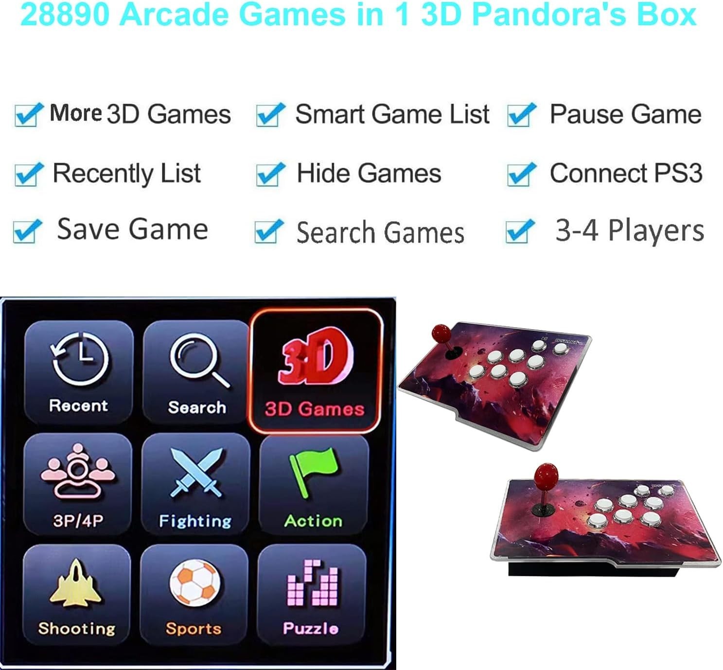 Games in 1 Separate 3D WiFi Arcade Console with 2 Joysticks Full HD Support