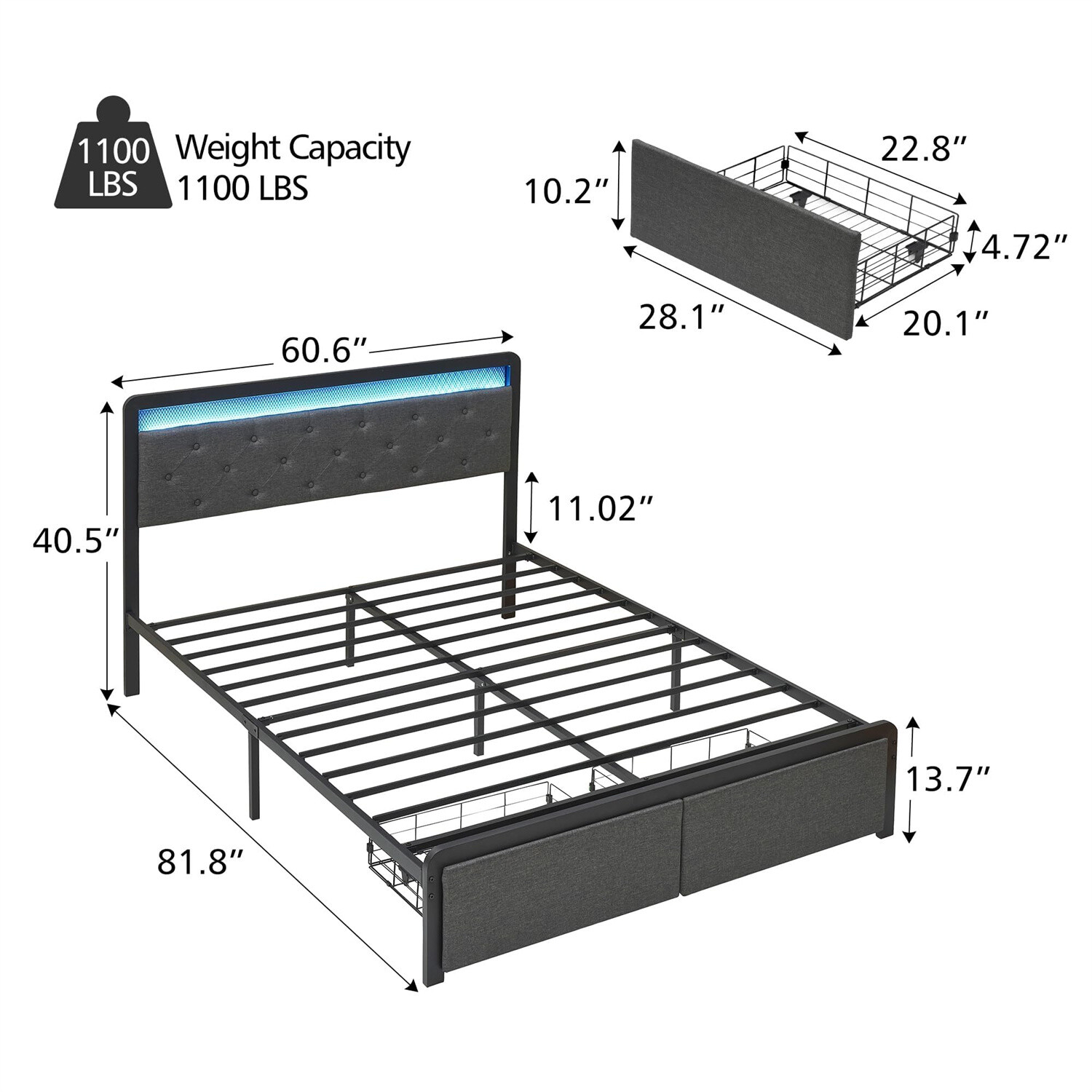 Upholstered Bed Frame with 2 Storage Drawers Queen Bed Frame with LED Lights