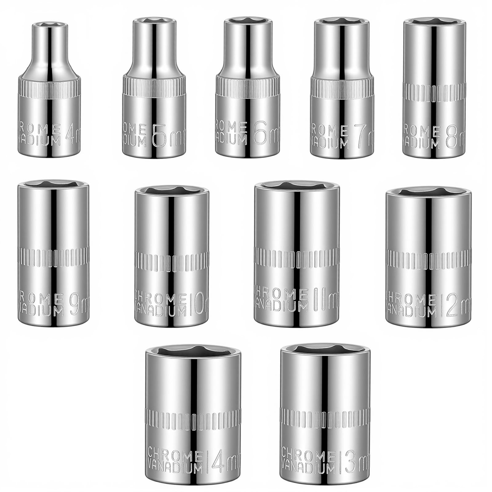 11 Piece Silver Carbon Steel Socket Set, 1/4" 6-Point Drive Metric Socket Set...