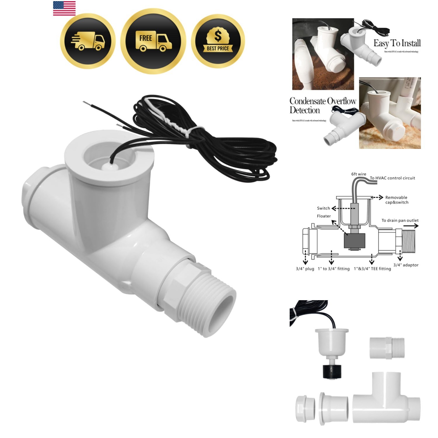 White Color SS1 Float Switch for HVAC Condensate Overflow Safety Sensor Acces...