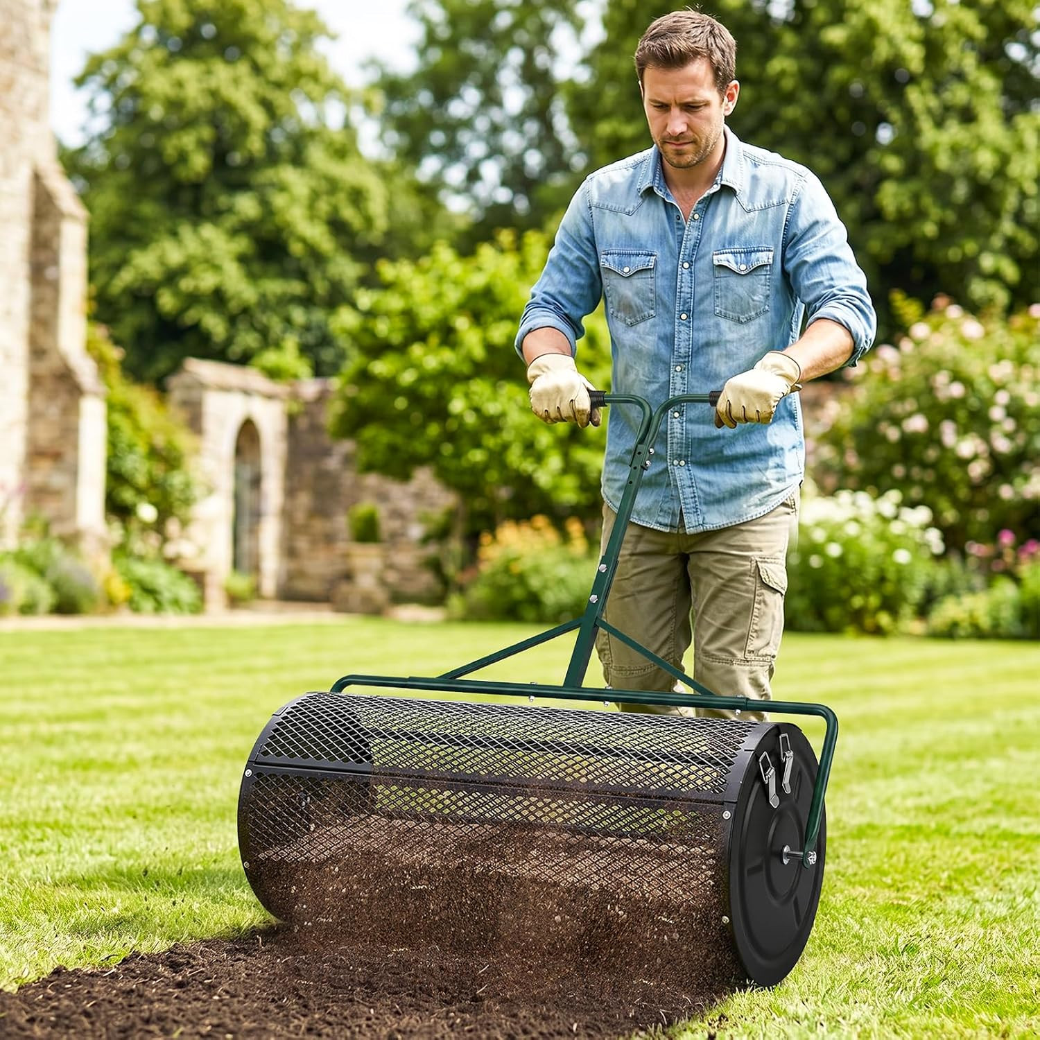 High-Capacity Metal Mesh Drum Compost Spreader with Side-Lock Peat Moss Spreader
