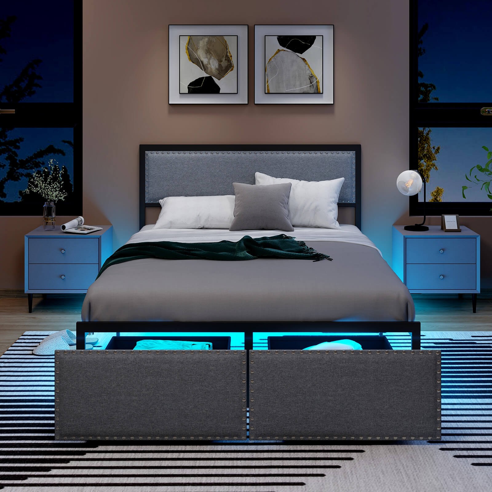 Full Size Bed Frame with 2 Storage Drawers LED Lights Slats Support Modern