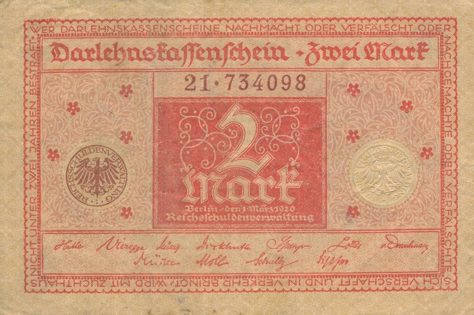 Currency Germany 1921 Reich Banknote Money 2 Reichsmarks Circulated