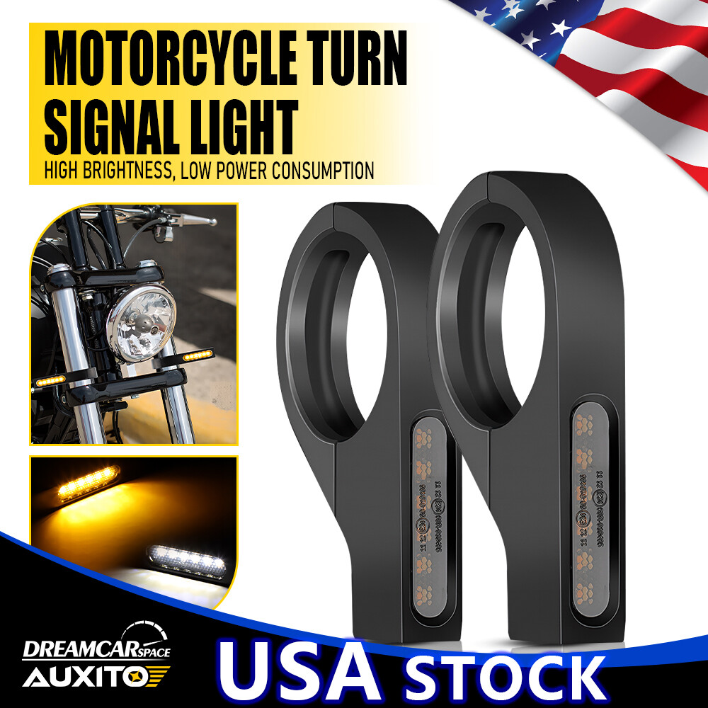 2X Front Motorcycle 39mm Fork White Amber LED DRL Turn Signal Light Indicator