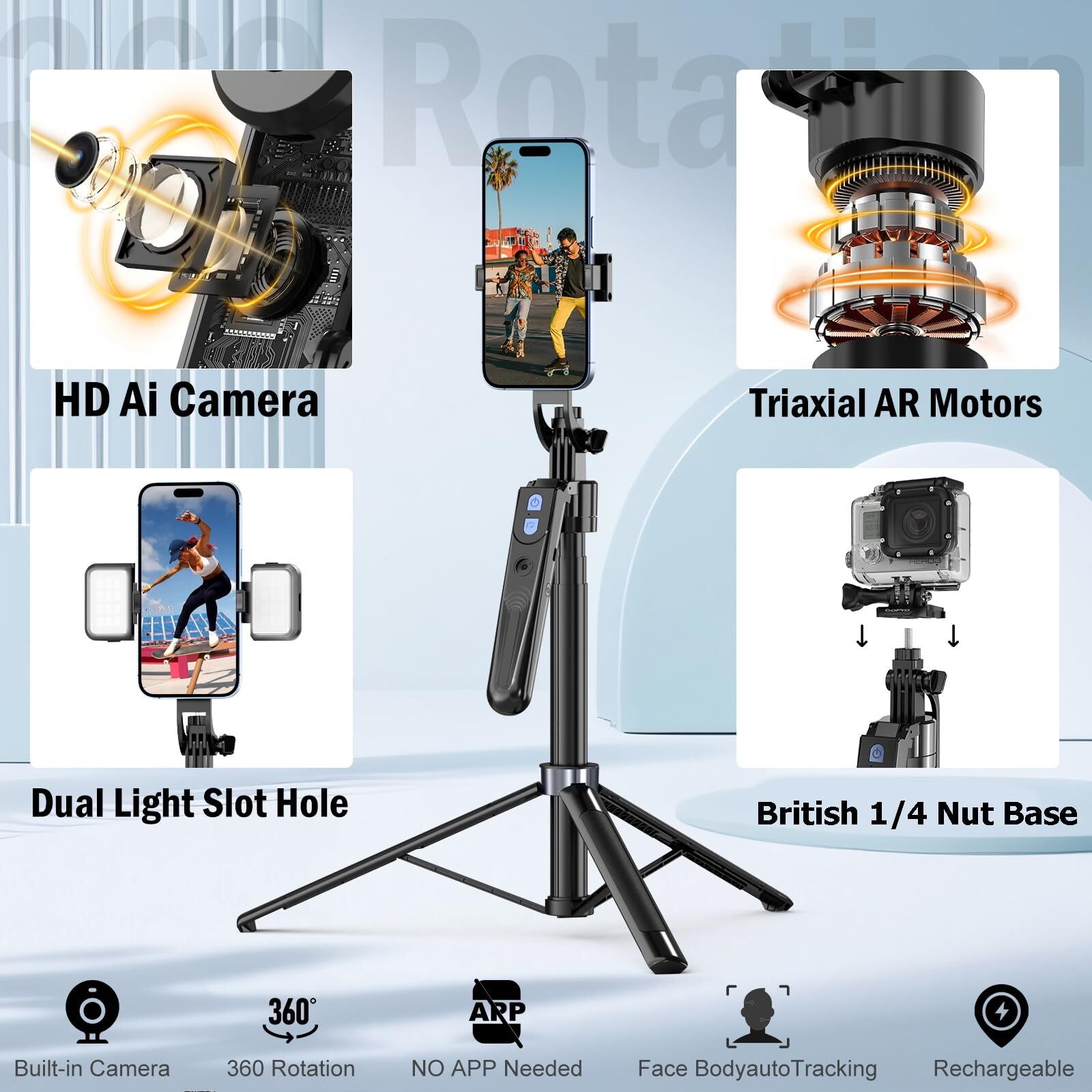 360 Face Tracking Tripod with Smart AI Gesture Control for Phone Camera