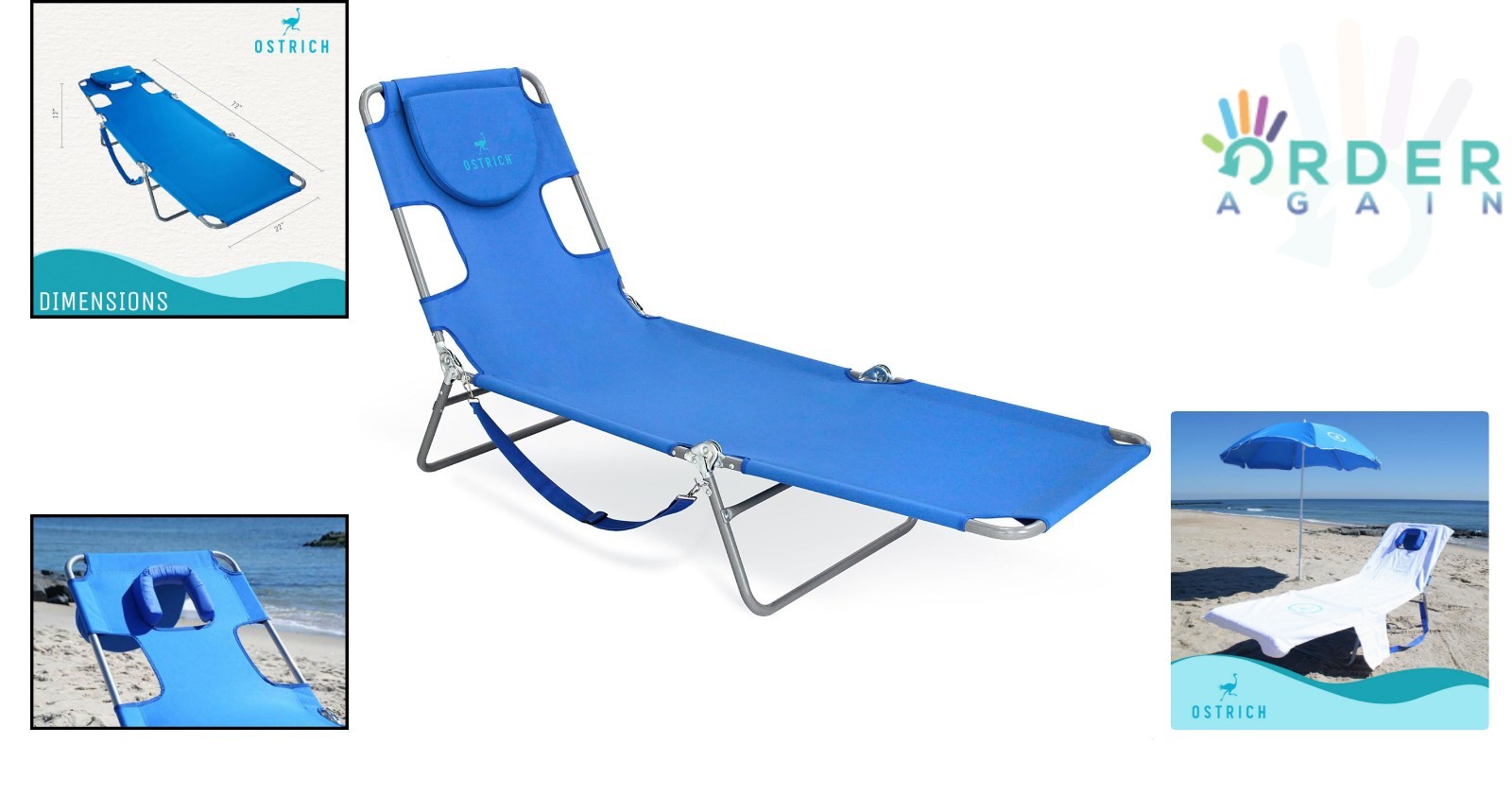 Folding Beach Lounge Chair Polyester Reclining Outdoor Chaise with Pillows