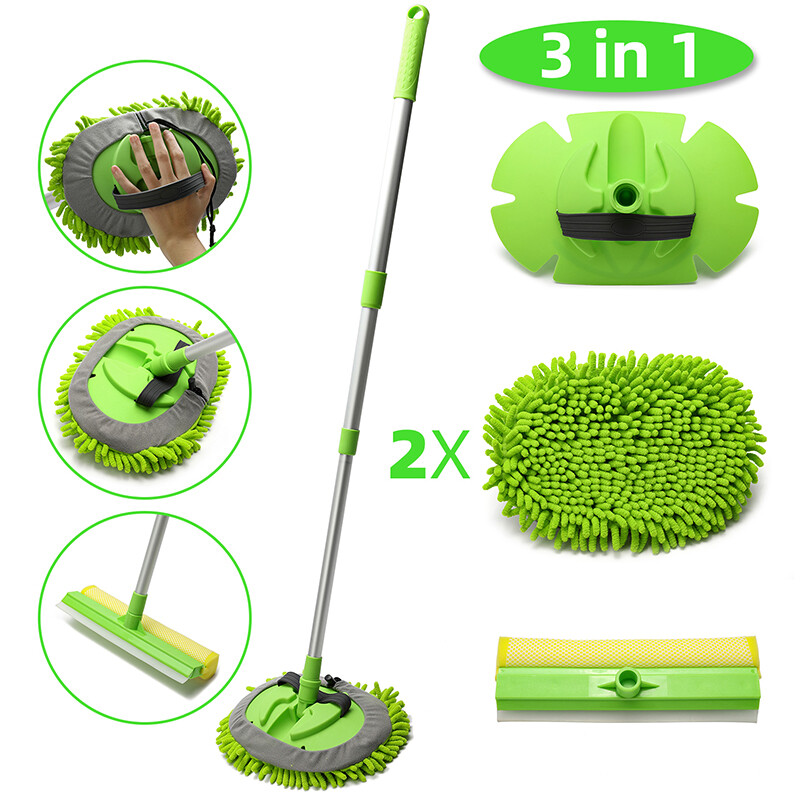 3 in 1 Chenille Microfiber Car Wash Brush Mop Mitt with 45" Aluminum Alloy Long