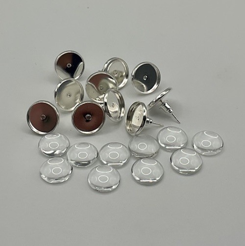 10 Pcs 12mm Shiny Silver Earring Blanks & 10 Pcs Glass Domes (5pairs) US SELLER