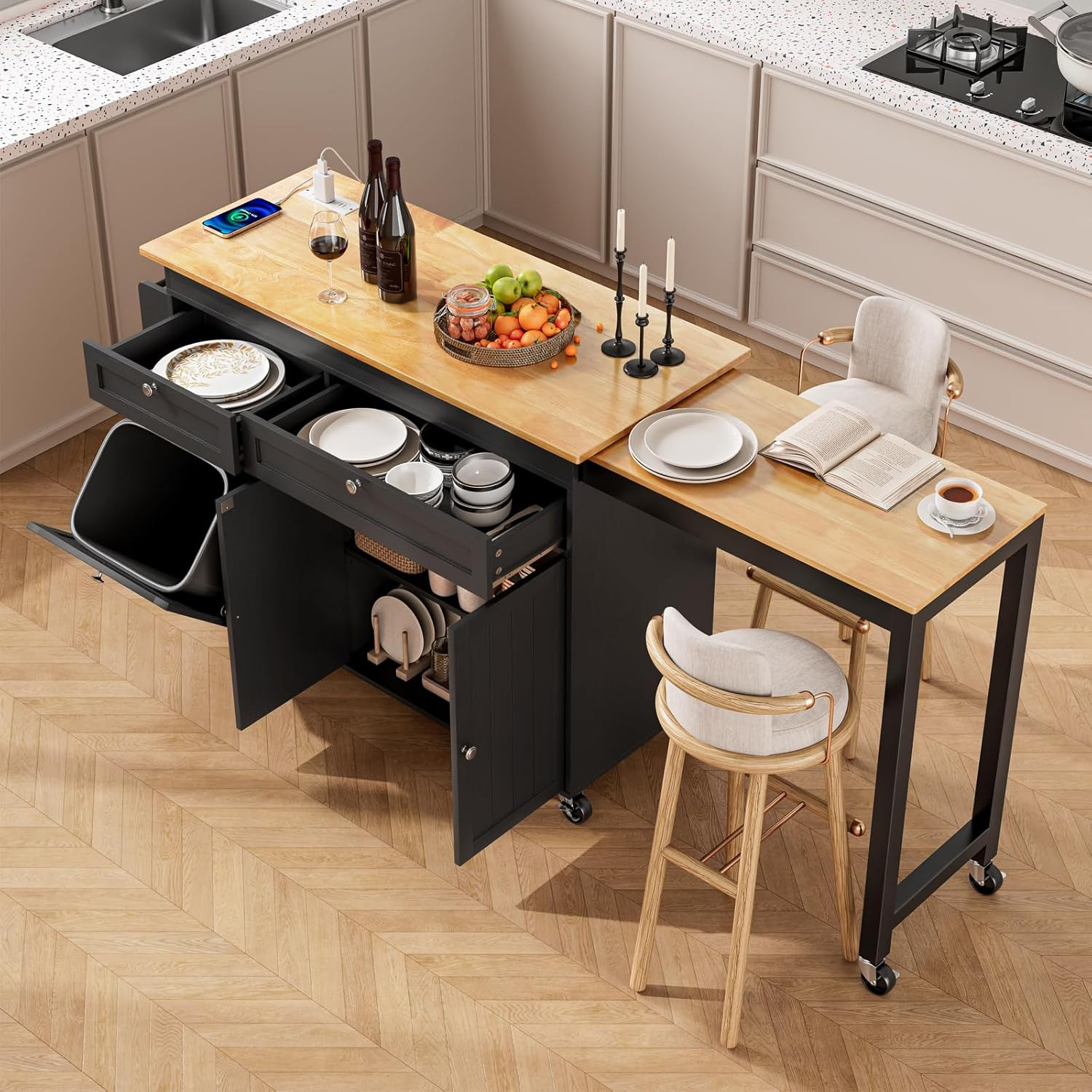 81.7" Kitchen Island with Extendable Dining Table - Mobile Cart, Black