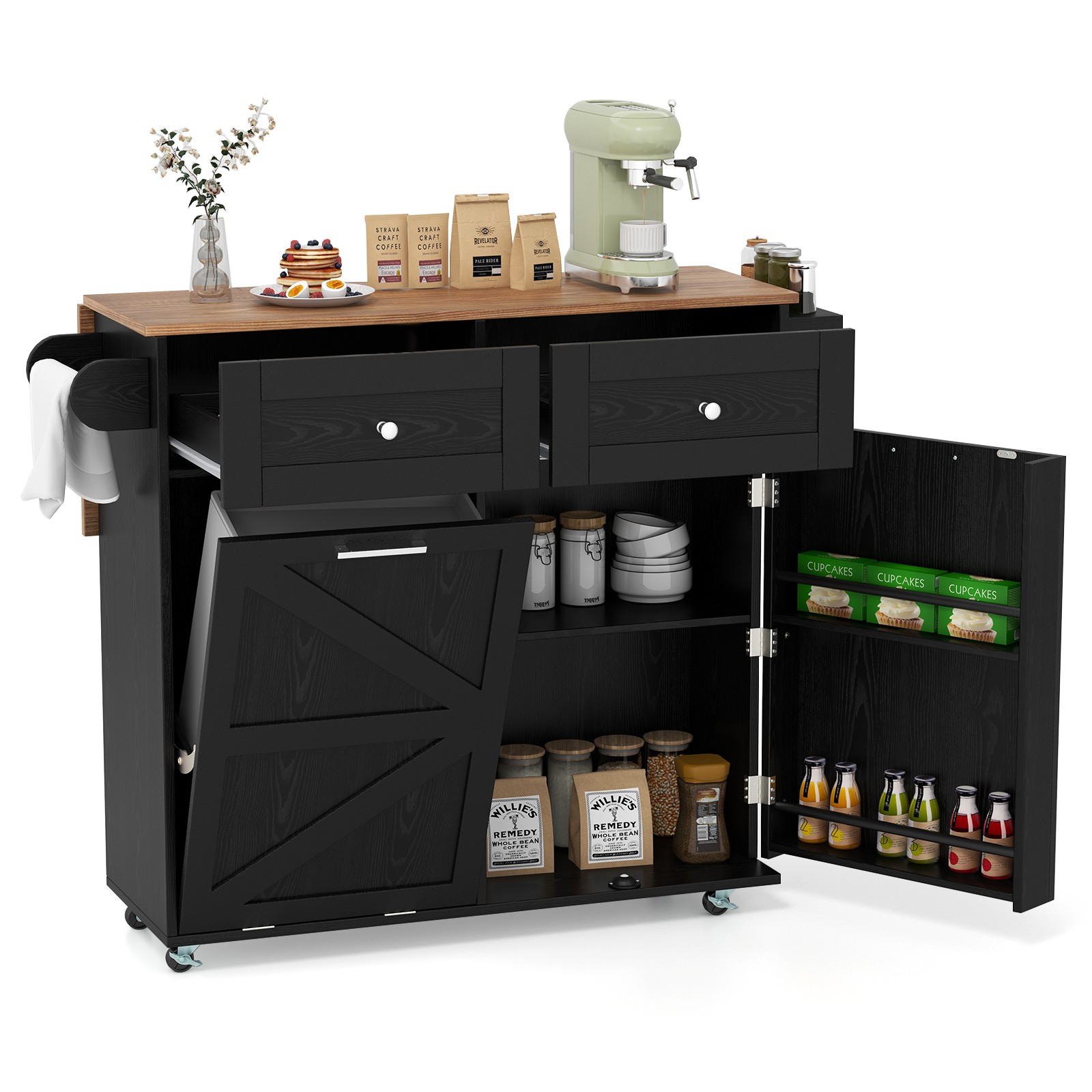 Rolling Kitchen Island Kitchen Island Cart with Drop Leaf Trash Can Cabinet