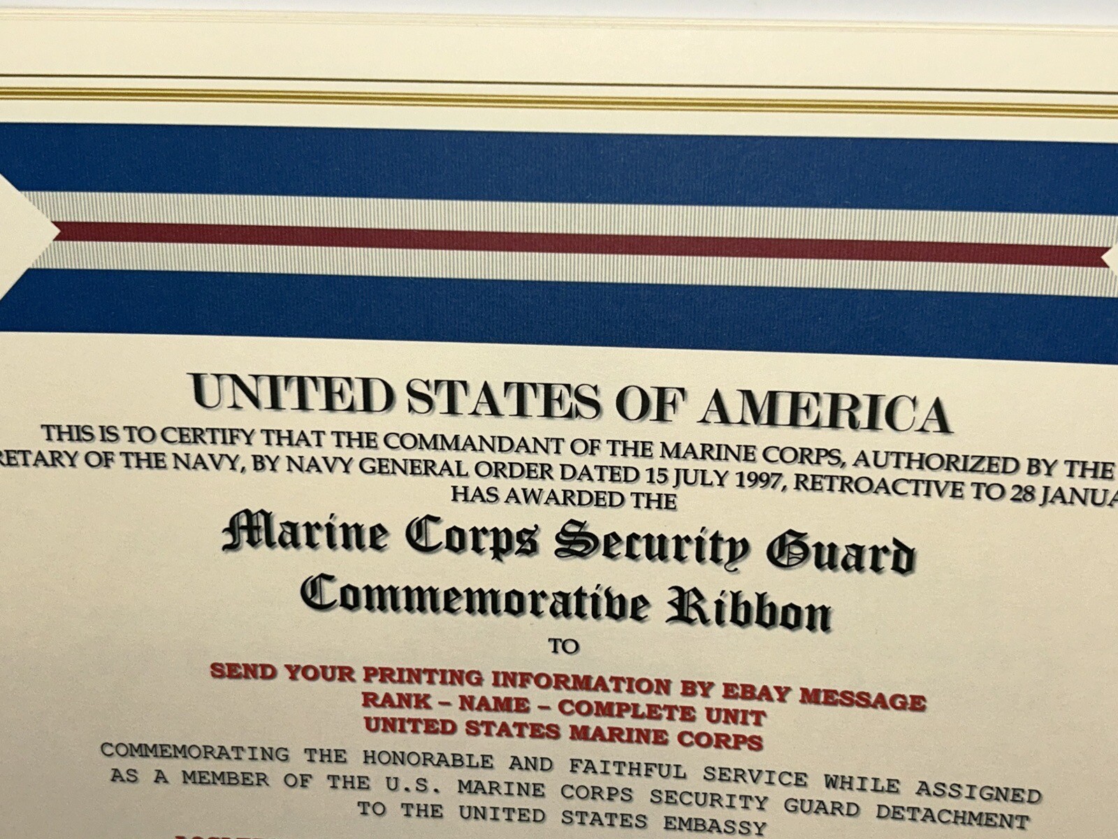 MARINE CORPS SECURITY GUARD RIBBON COMMEMORATIVE CERTIFICATE ~ W/PRINTING TYPE-1