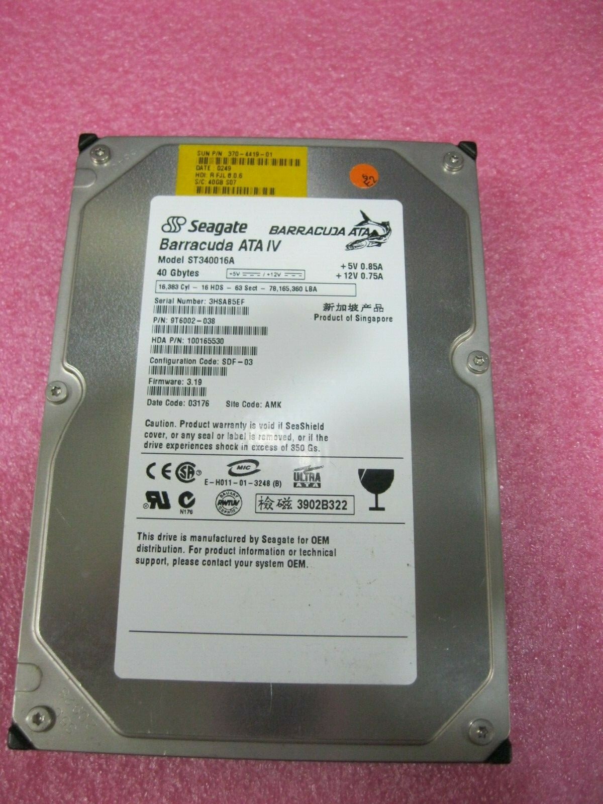 SUN SEAGATE BARRACUDA ST340016A  370-4419-01 40GB 3.5" IDE HDD 370-4419