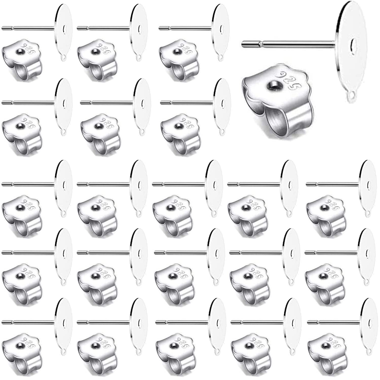 100Pcs 925 Sterling Silver Earrings Posts Flat Pad Ear Stud Hypoallergenic Bl...