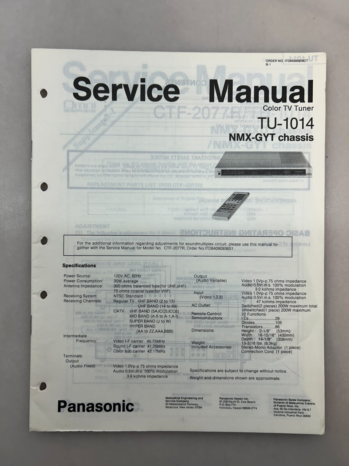 Panasonic TU-1014 Original Service Manual Free Shipping