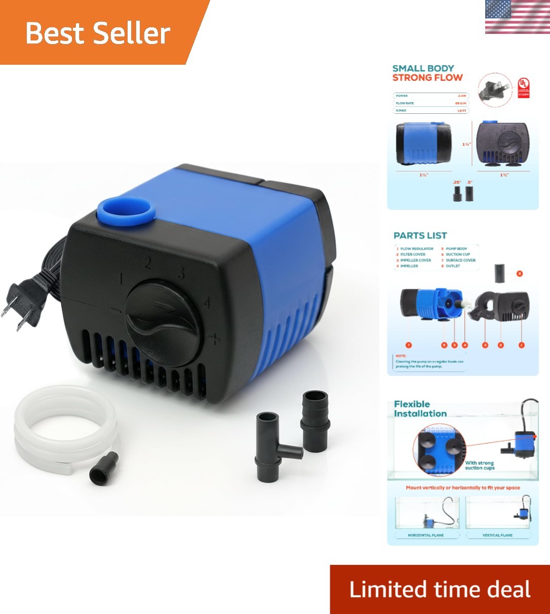 Nano Submersible Pump with Adjustable Flow - 66 GPH for Aquariums & Hydroponics