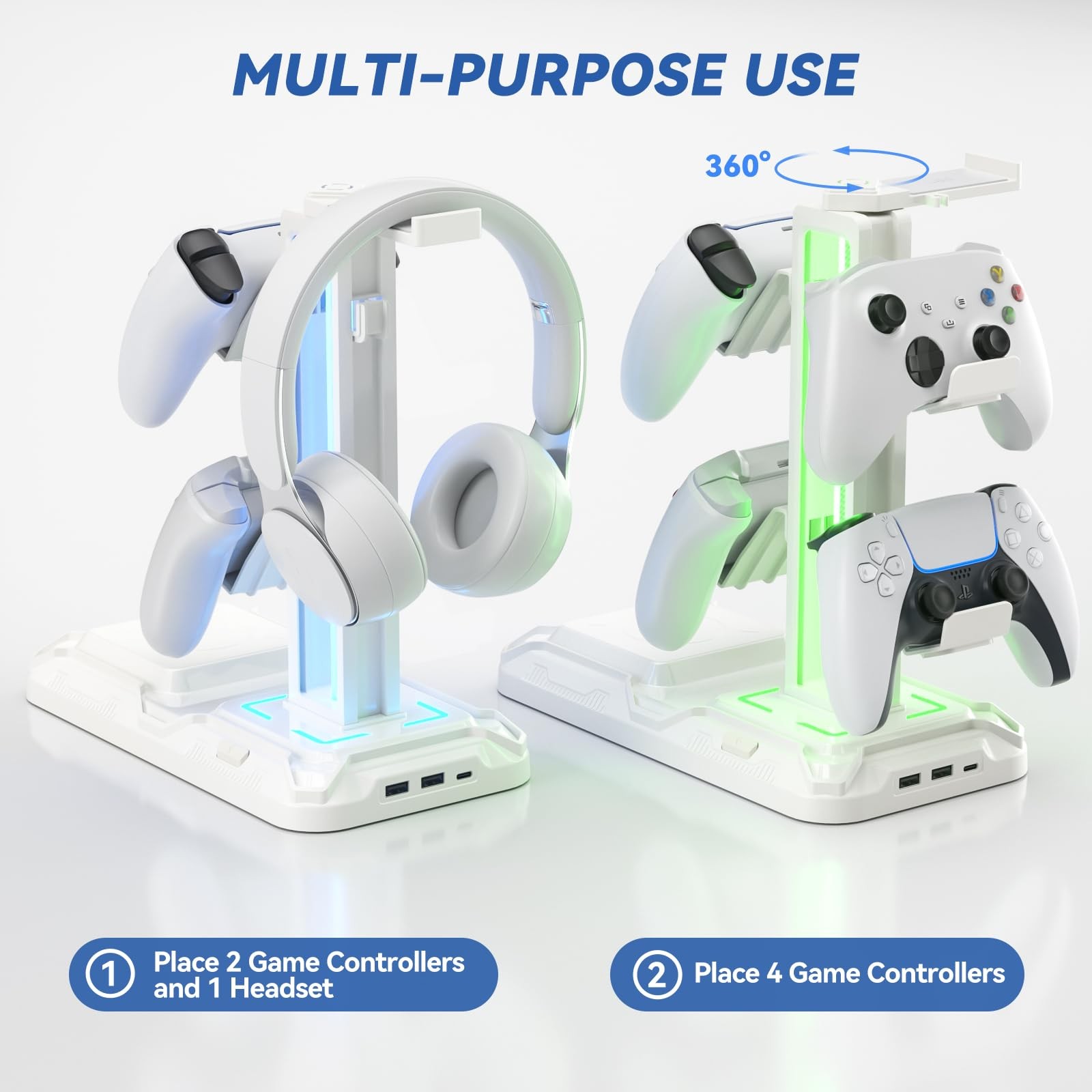 KDD RGB Headphone & Controller Stand with Wireless Charging - Rotatable White