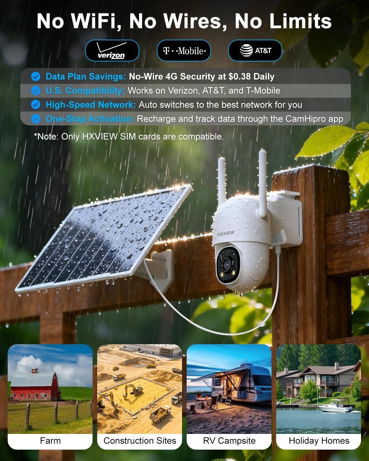 HXVIEW 4G LTE Cellular Solar Security Camera Outdoor Wireless