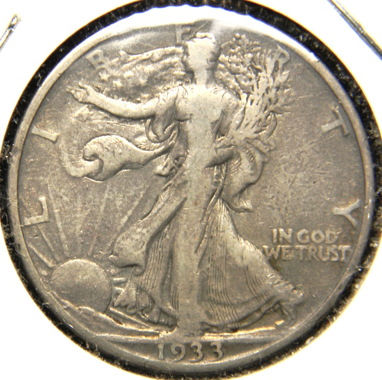 1933-S WALKING LIBERTY SILVER HALF DOLLAR, GRADE IS VF, NICE COIN, LIGHT TONING