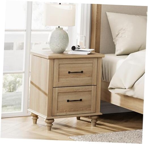 Nightstand Side Table with Charging Station, Light Wood End Table 1 Piece Oak
