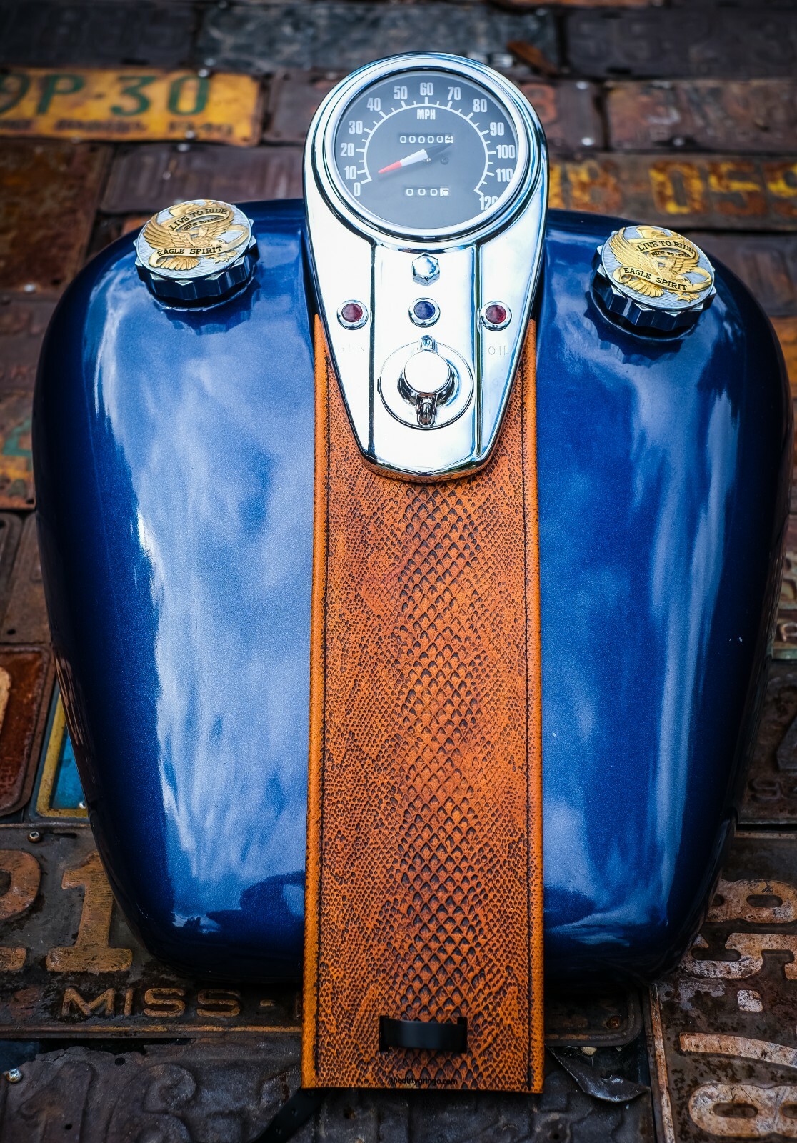 Tan Python Leather Gas Tank Panel Bib Harley Davidson Split Tank 3 Light Dash