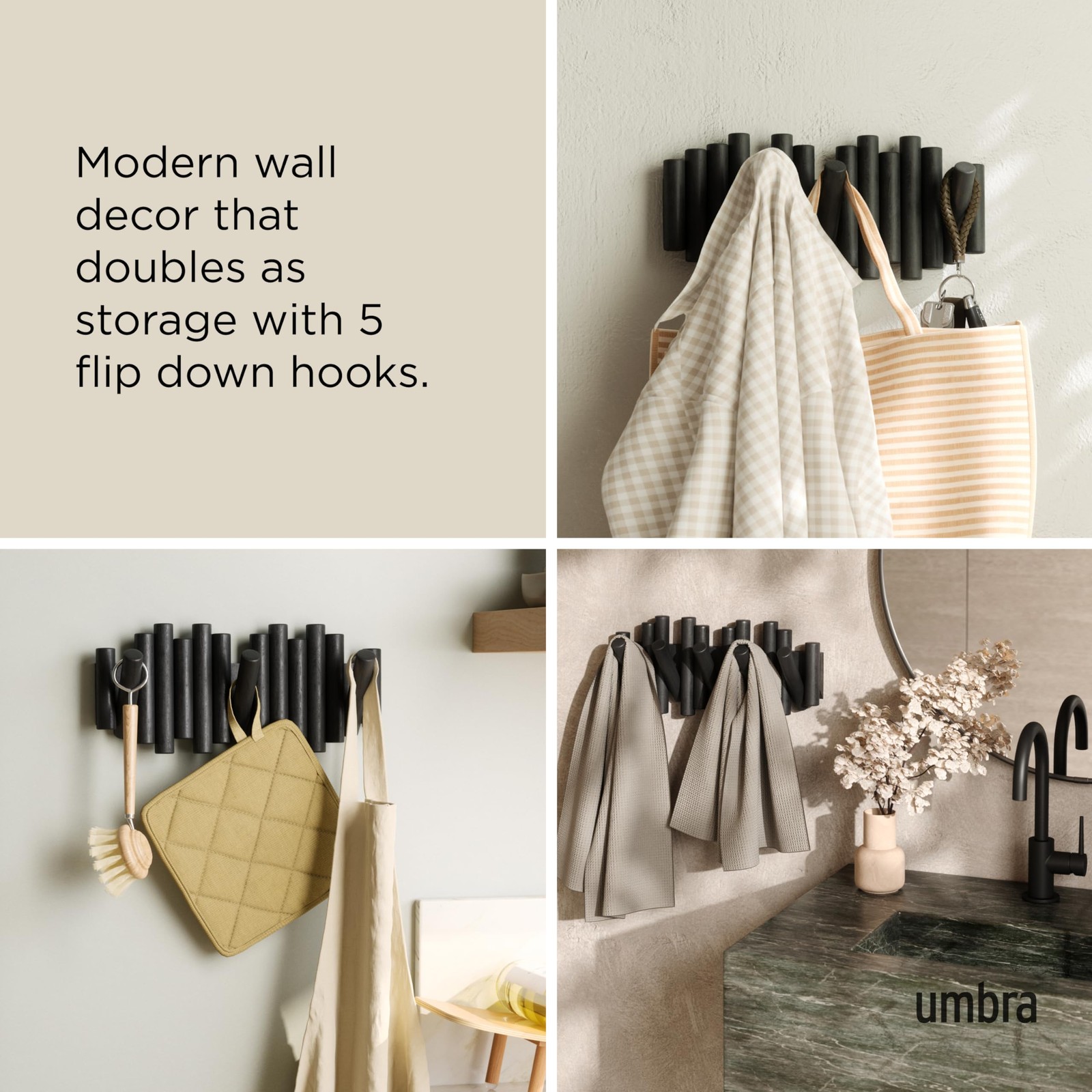 Umbra Picket Wall-Mounted Coat Rack Rail Hook with 5 5-Hook, Black