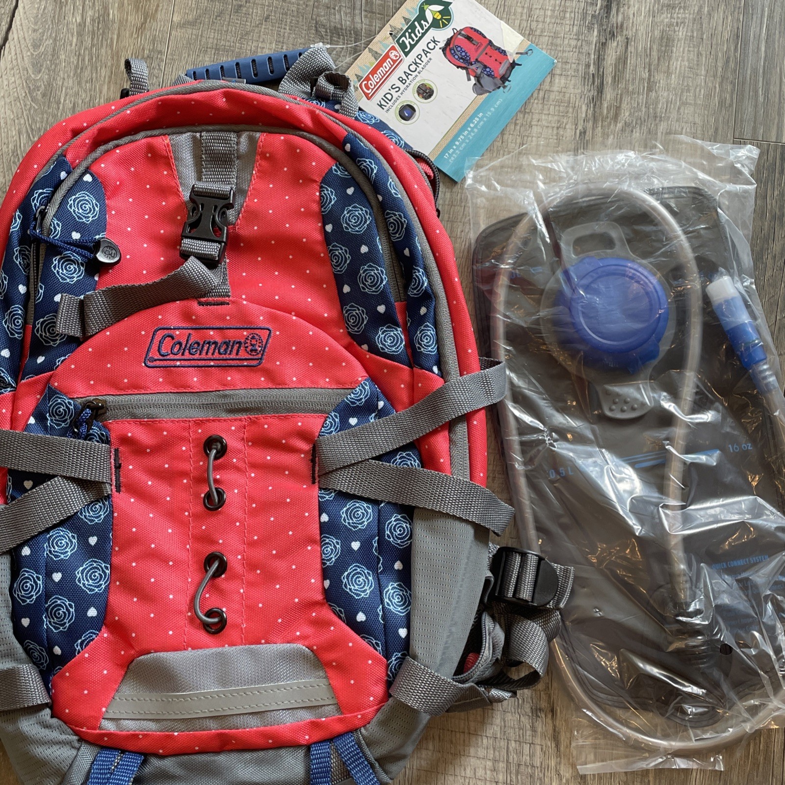Coleman Hiking Hydration Backpack With Bladder Padded Outdoor Blue Red
