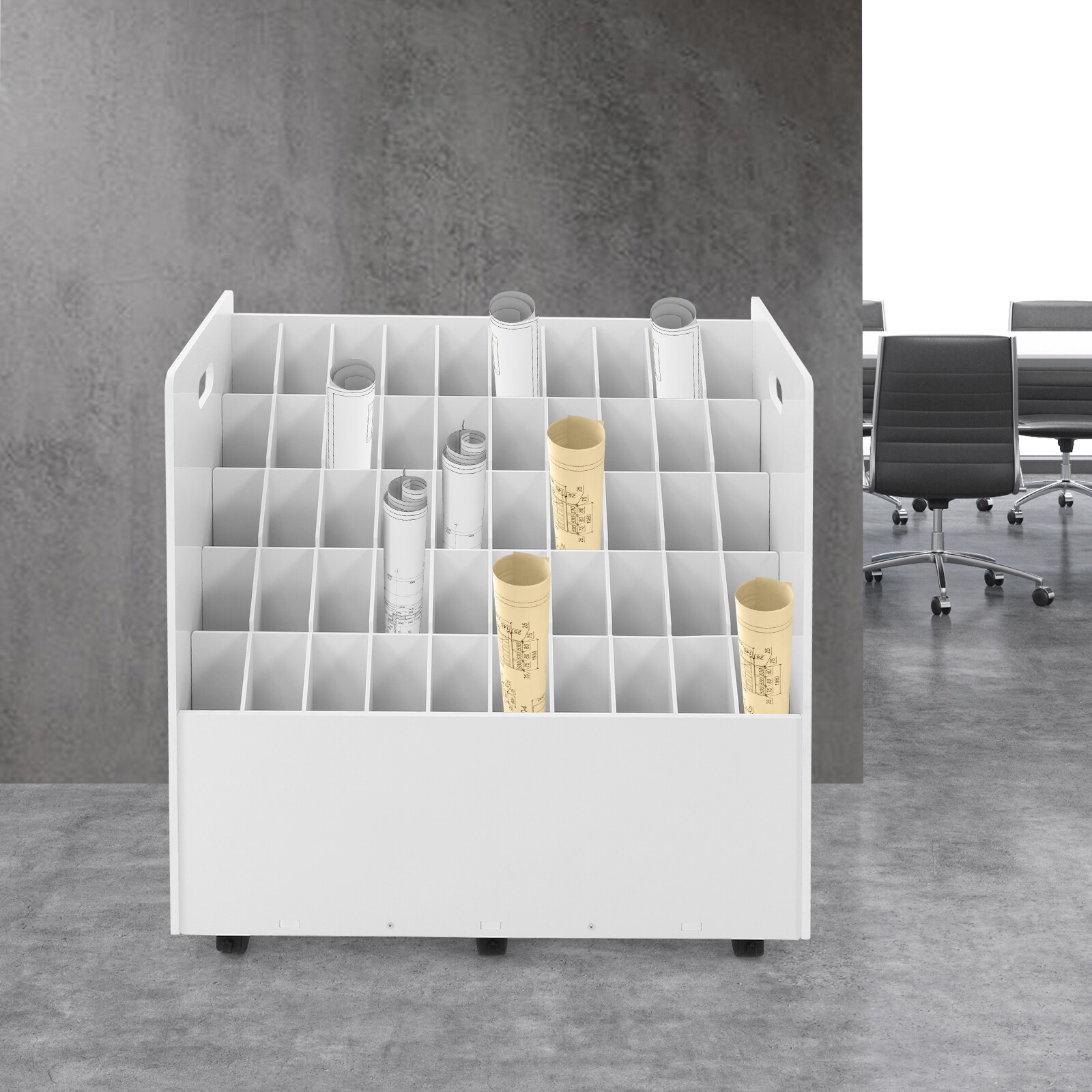 50-slot Blueprint Organizer, Roll File Storage Holder, Movable Roll File Cart
