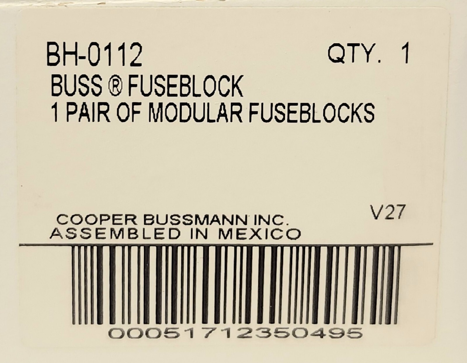 BUSSMANN COOPER BH 0112 BUSS Modular Fuseblock 1 Pair 700 VAC 200 Ka 100 AMP