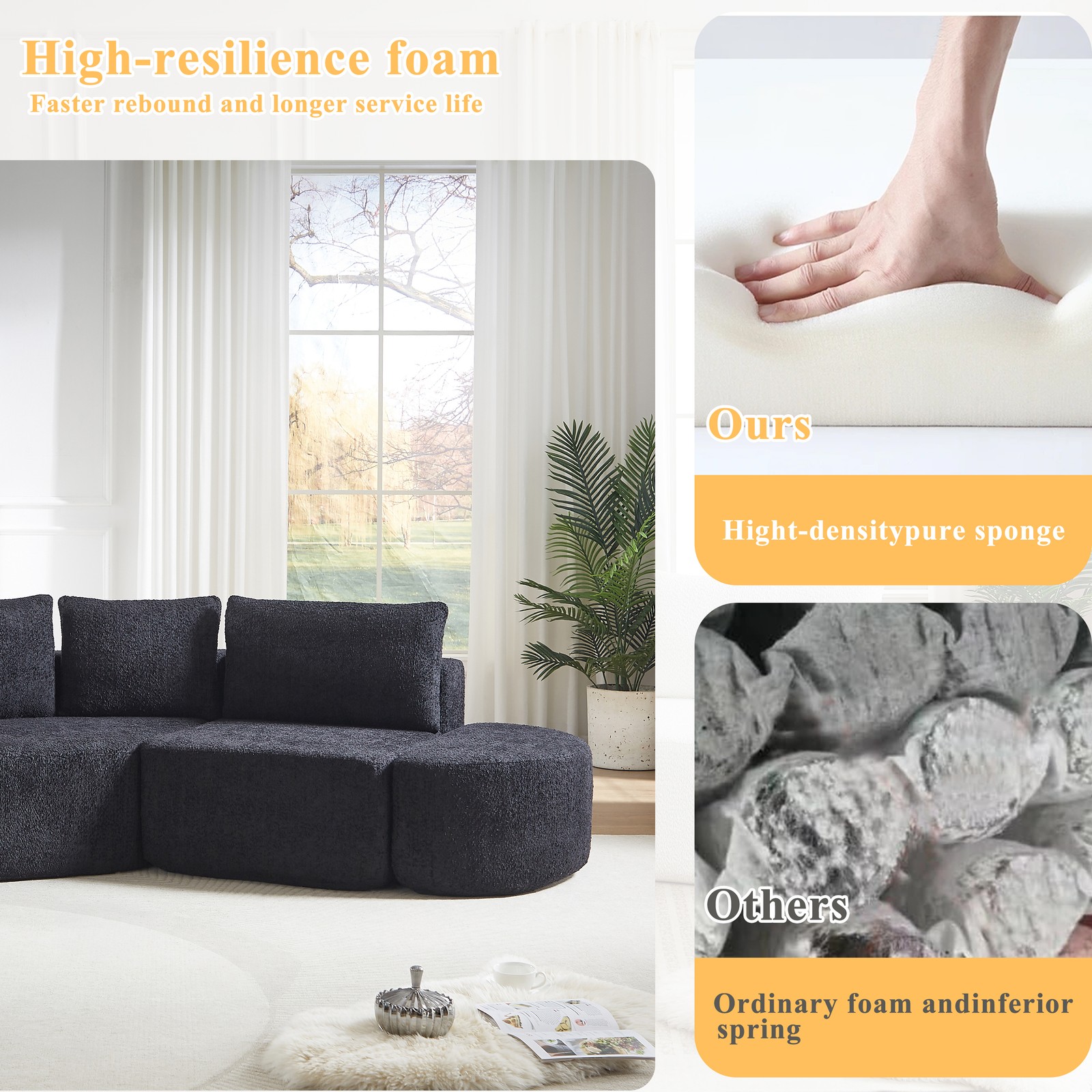 106.3-inch V-shaped modular sofa set in chenille fabric, featuring three throw p
