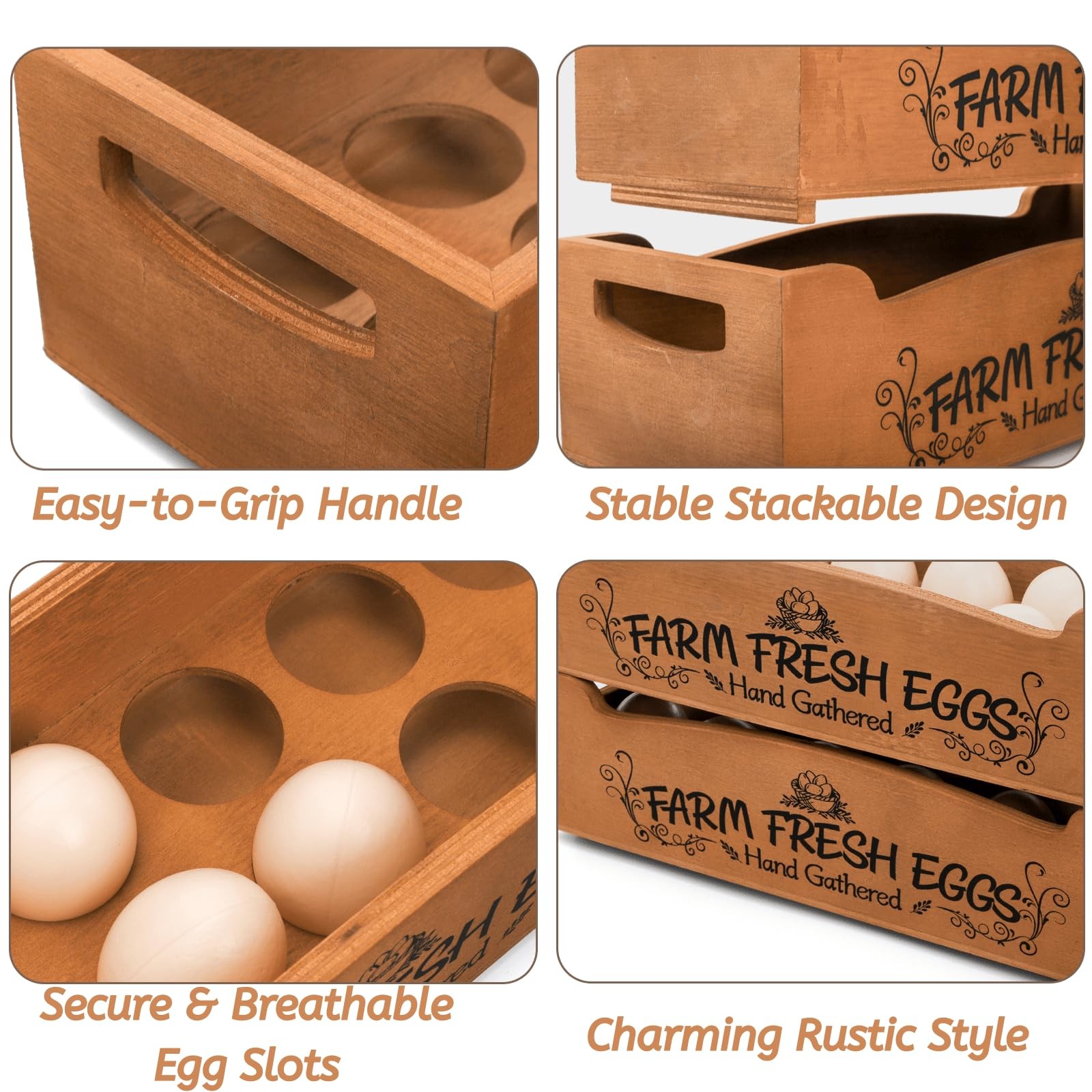Wooden Egg Holder for Countertop, Stackable 2-Tier Egg Crates for 24 Eggs wit...