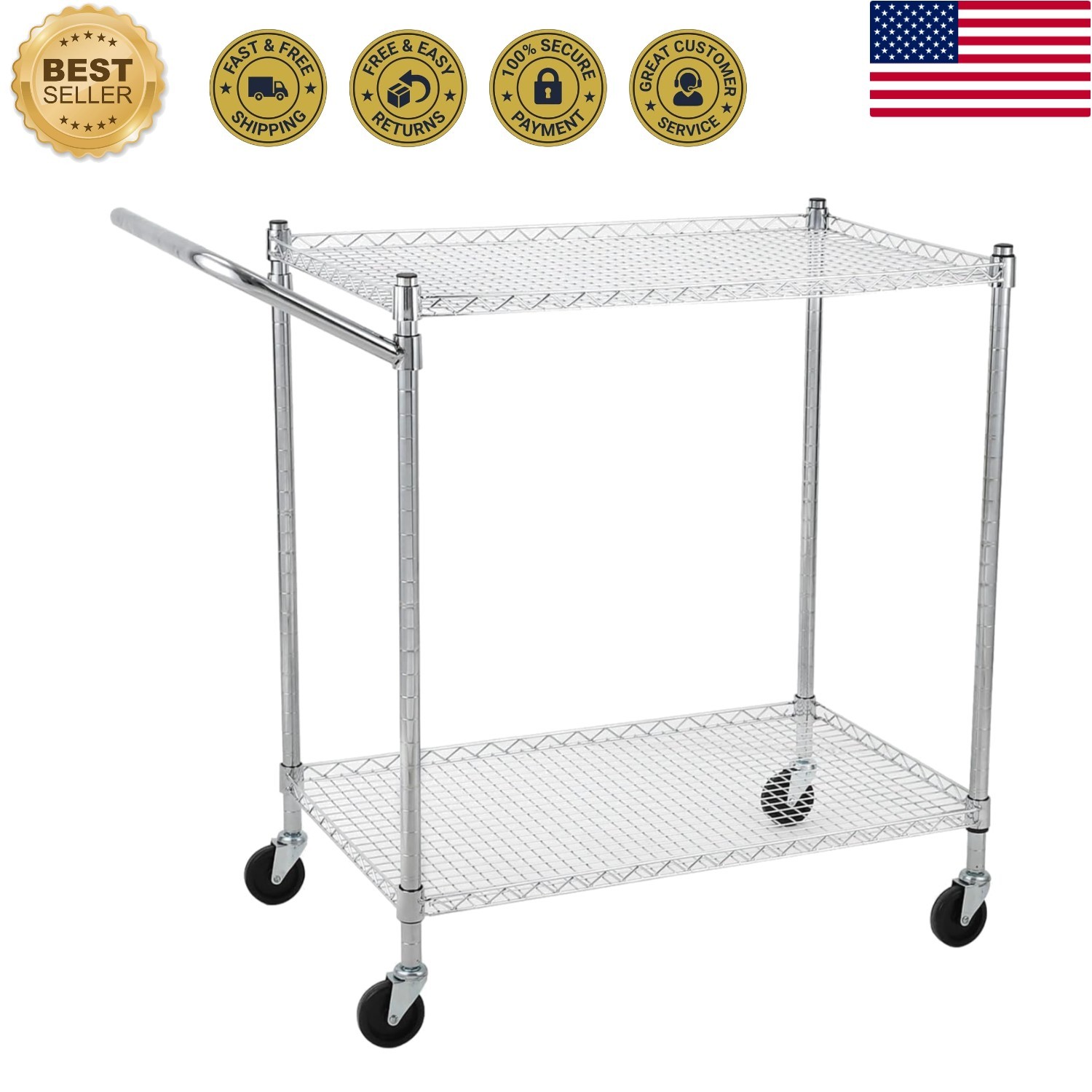 Commercial Metal Cart, 2-Tier Heavy Duty, Alloy Steel Cart with Wheels, Multi...