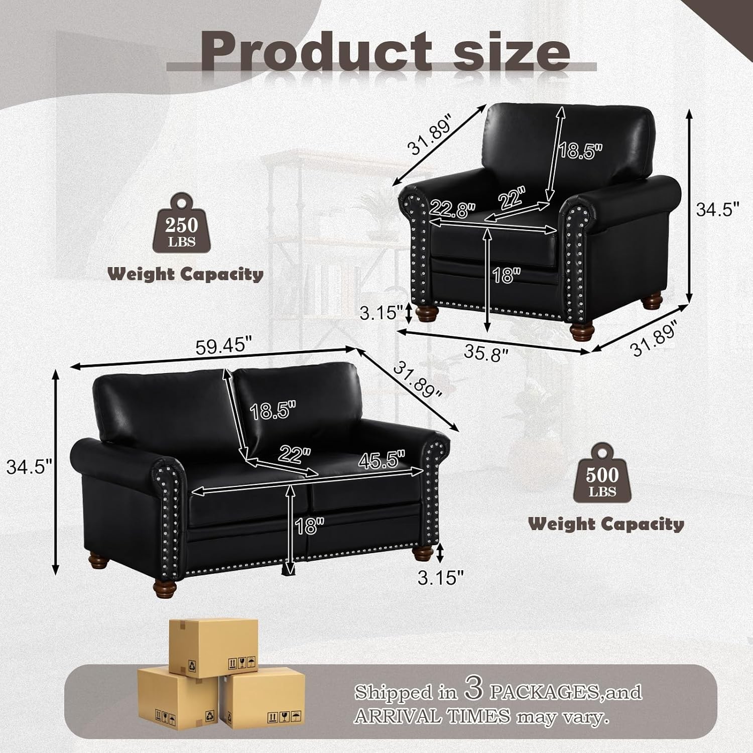 2 Piece Faux Leather Sofa Set, Loveseat & Accent Armchair with Nailhead Trim