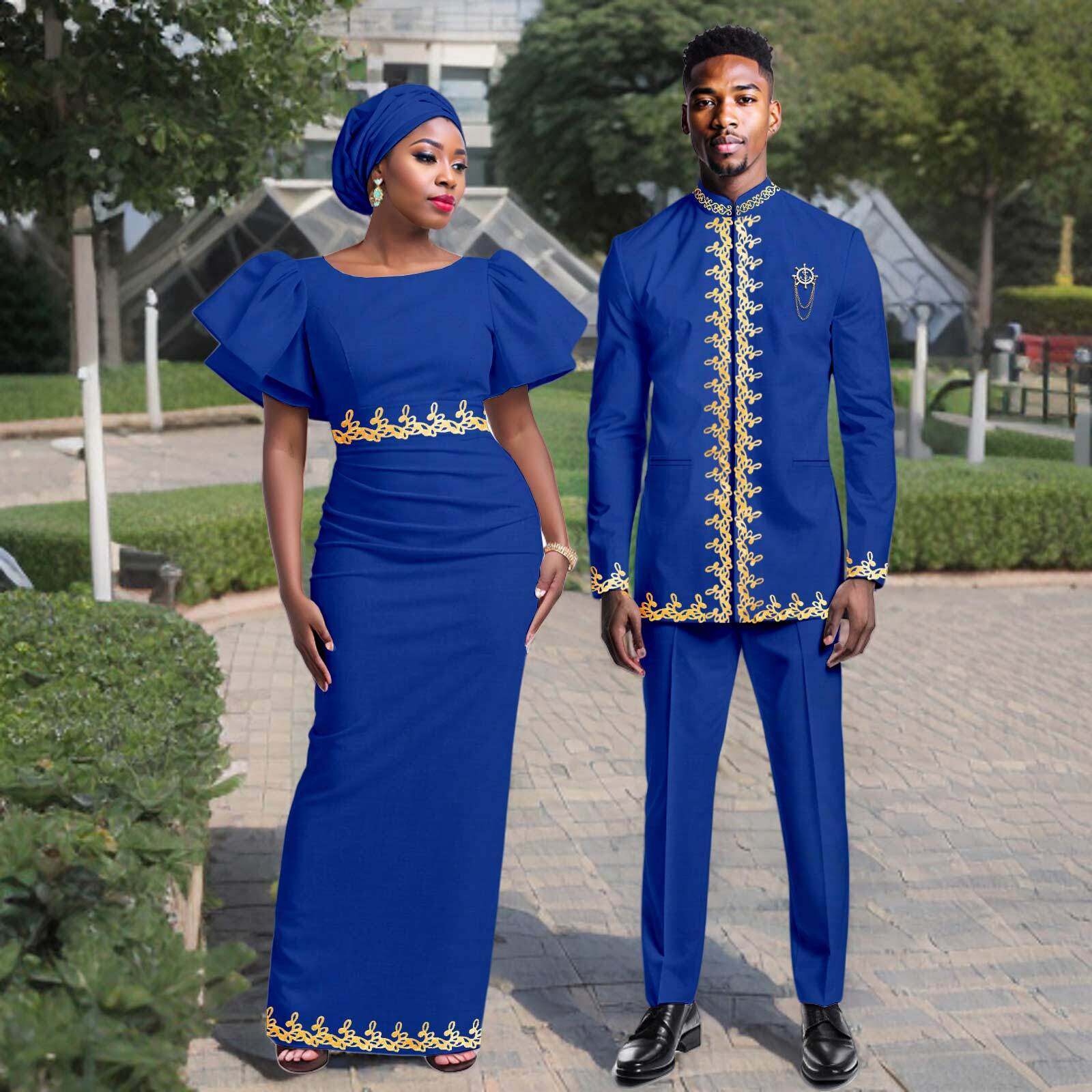 African Couple Clothes Men's Blazer Pants Suit and Puff Sleeves Women Maxi Dress
