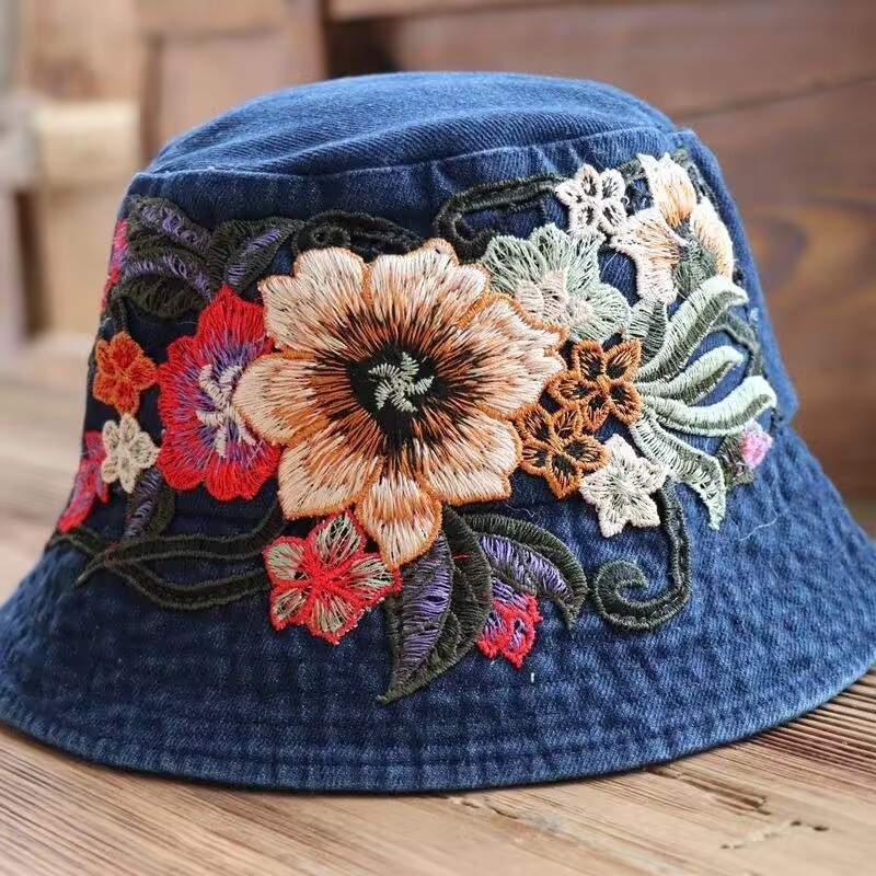 Women Heavy Floral Embroidered Washed Denim Boho Bucket Sun Fisherman's hat