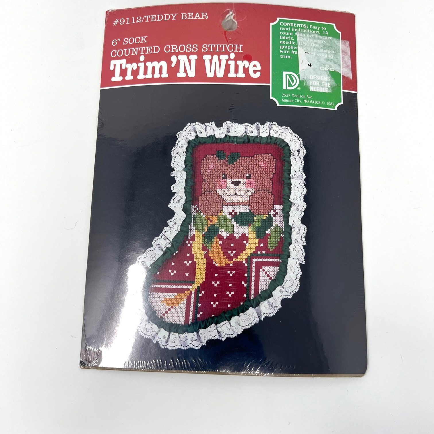 Teddy Bear 6" Sock Stocking Trim n' Wire Cross Stitch Kit  9112 Sealed VTG 1987