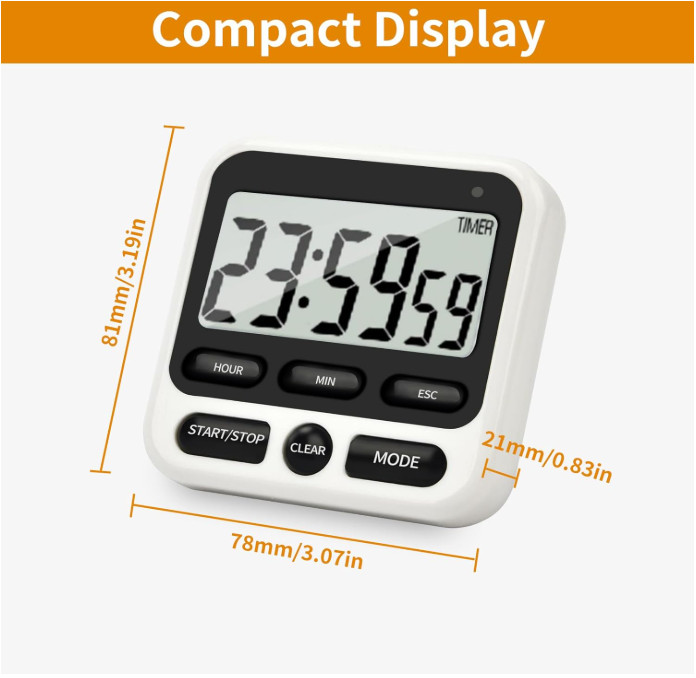 Digital Kitchen Timer 24 Hour Clock and Alarm Function with Silent or White