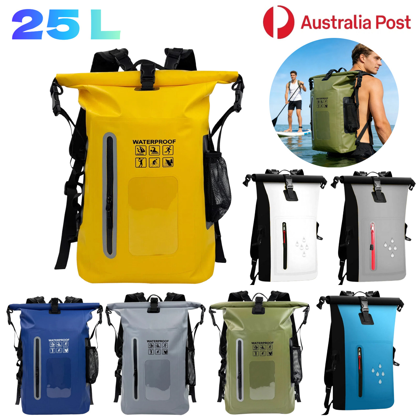 25L Backpack Waterproof Zipper Fishing Swimming Hiking Travel Outdoor Sports AU