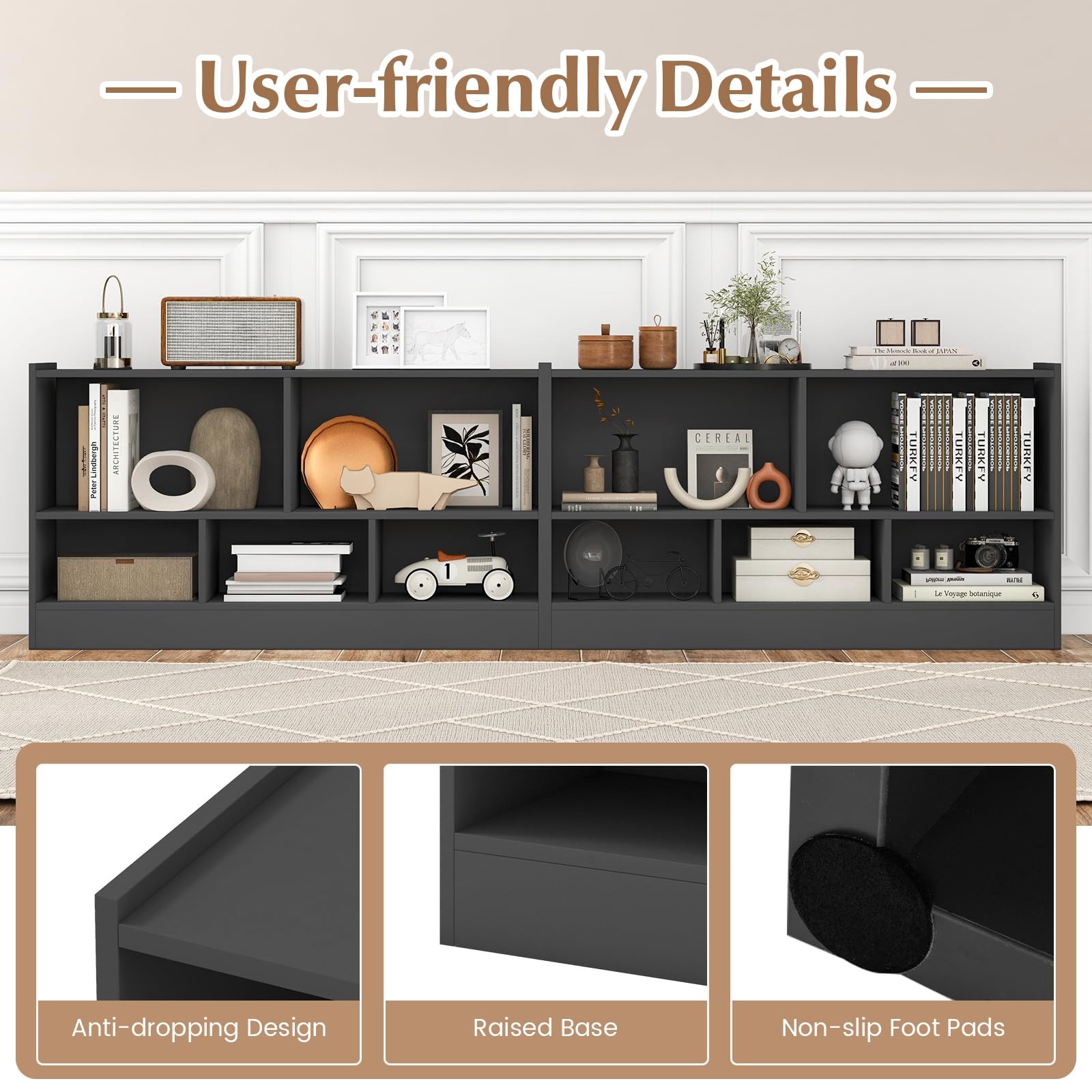5-Cube Bookcase, Freestanding 3-Tier Bookshelf with Spacious Top & Raised Bas...