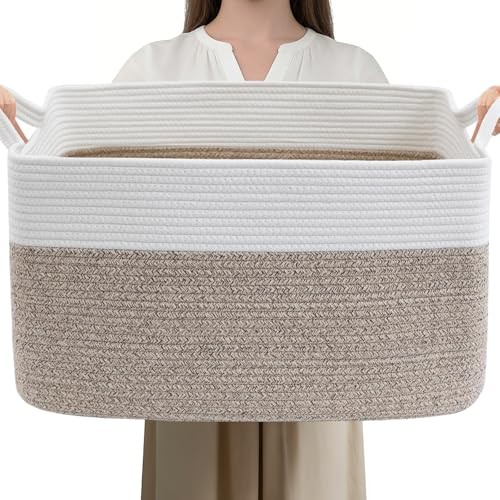 65L Large Blanket Basket,21"x16"x12" Rectangle 21"x16"x12"(65L) White & Brown
