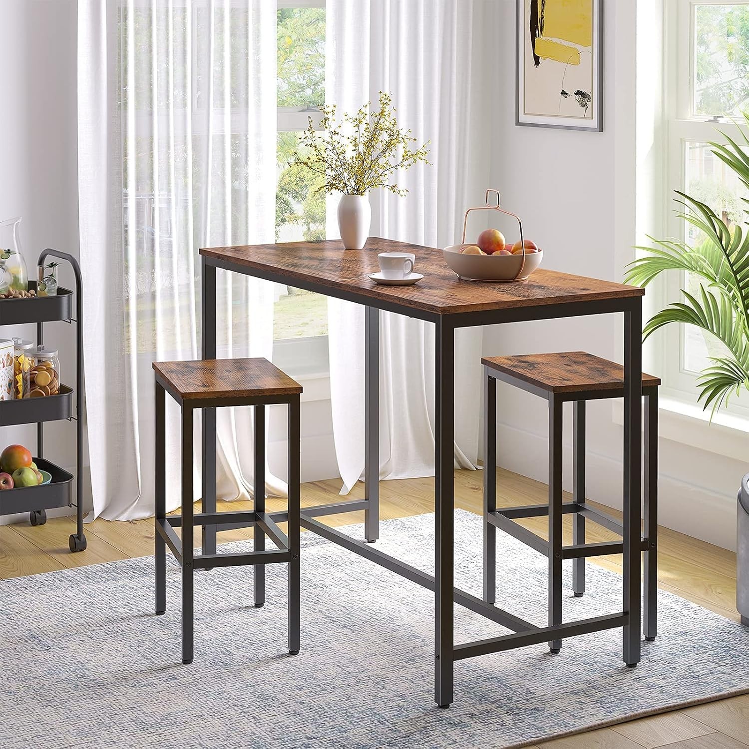 Table Chairs Set 47.2 Inch Rectangular Pub Steel Frame Rustic Brown