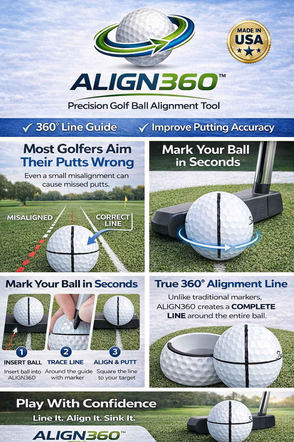 APEX ALIGN360™ Golf Ball Alignment Tool - Golf Ball Line Marker 360 Degree