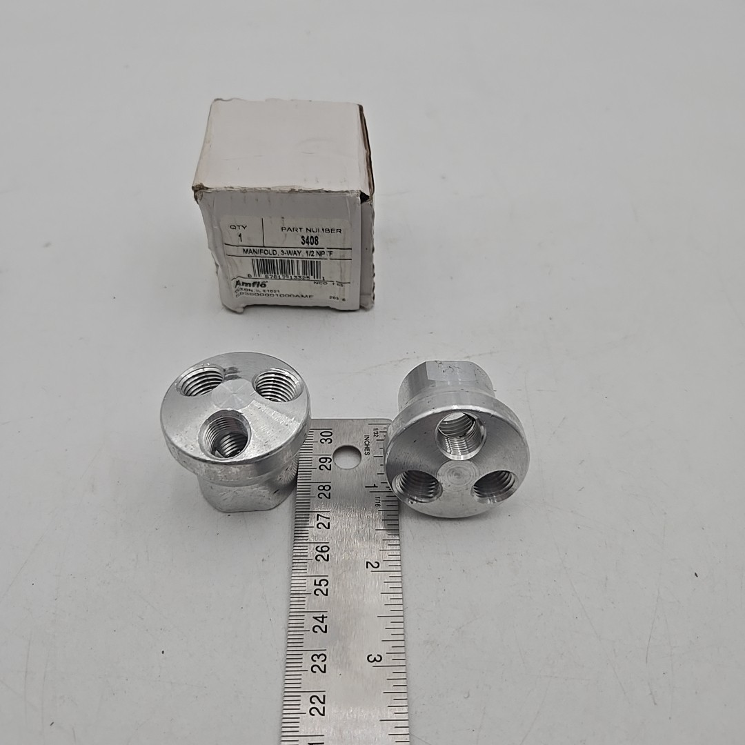 Lot of 2 - 3 Way Air Hose Coupler Splitter Manifold Block 1/2" NPTF Amflo 3408